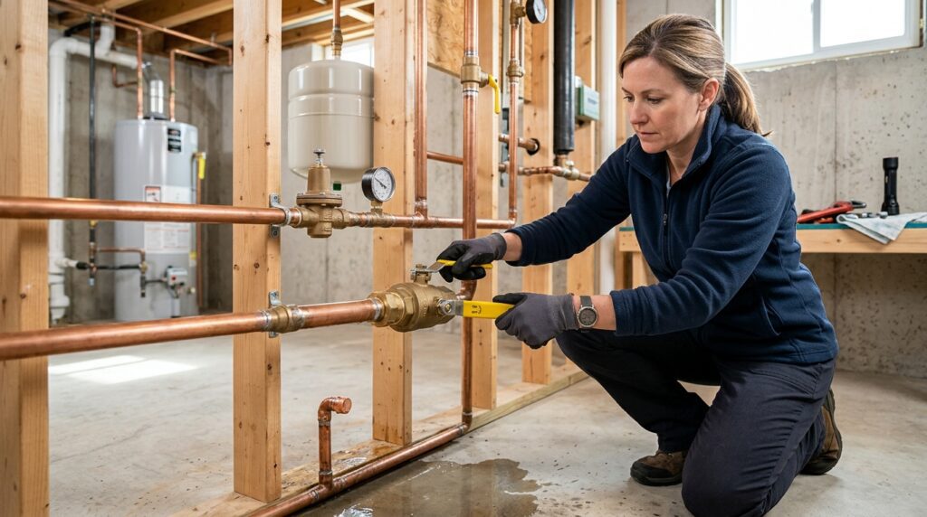 Homeowner turning off the main water shut-off valve during a plumbing emergency.