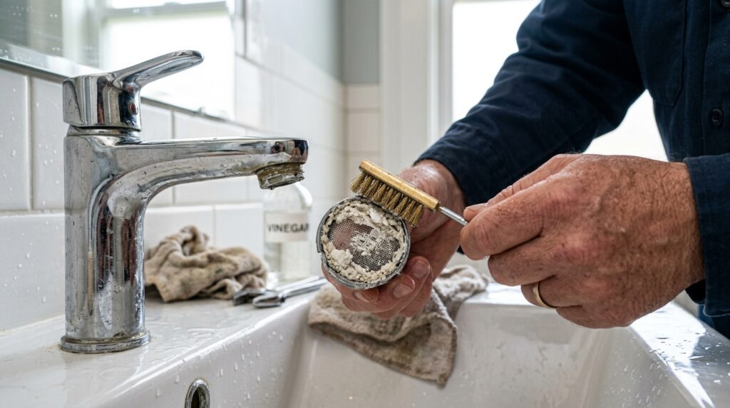 Plumber cleaning a faucet aerator to improve low water pressure caused by mineral buildup.