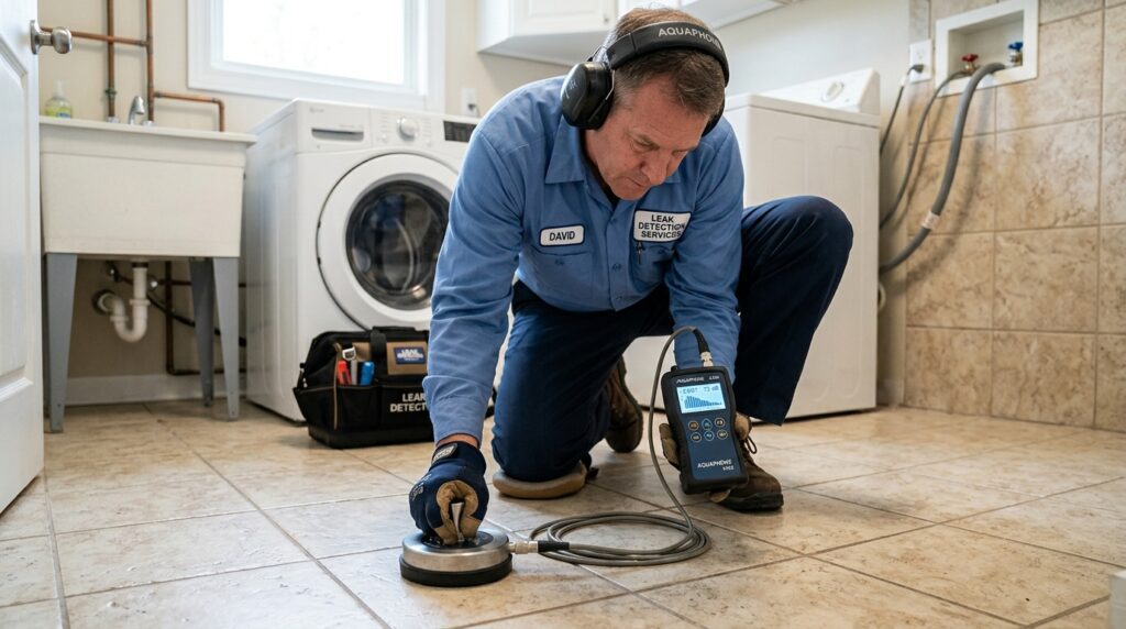 Using acoustic leak detection equipment to find a hidden slab leak under flooring.