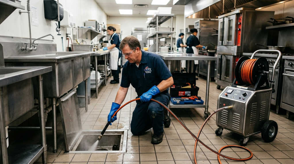 Commercial drain service technician cleaning restaurant plumbing drains to prevent sewer backups and business downtime