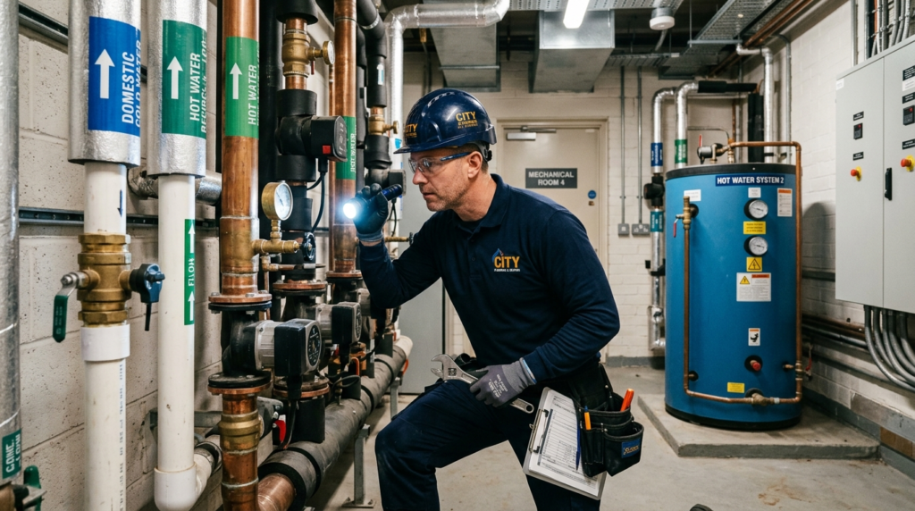 Commercial plumber performing office plumbing repair and preventive maintenance to minimize business downtime